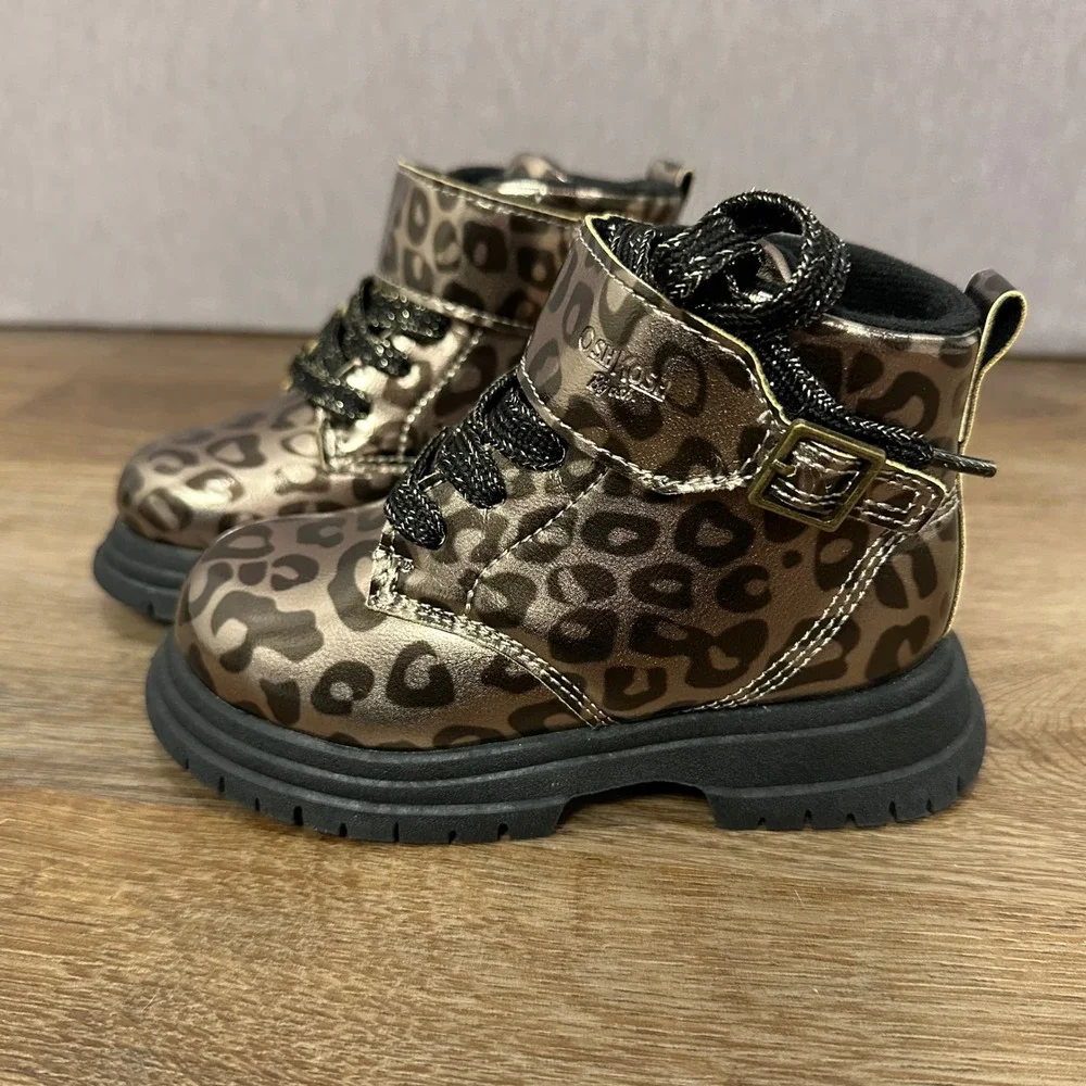 OshKosh‎ B'gosh Toddler Girls Leopard Combat Boots Size 8M Metallic Bronze